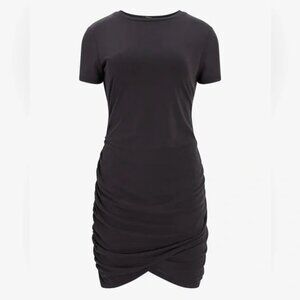 NEW EXPRESS WOMENS SILKY SUEDED JERSEY RUCHED MINI CHARCOAL GRAY DRESS XS